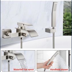 Wall Mount Bathtub Faucet with Handheld Spray Waterfall Tub Filler Single Handle Bathroom Tub Brushed Nickel C8 N $40