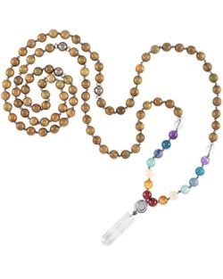 Modern ŌM 108 Premium 8mm Mala Meditation Beads | Unisex Rainbow Mala Necklace Quartz Pendant, Green Sandalwood, Genuine Gemstones Yoga Jewelry