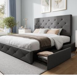 Queen Bed Frame with 4 Drawers, Platform Queen Size Bed Frame with Diamond-Stitch Button Tufted Headboard, Bed Frame Queen Size with Storage