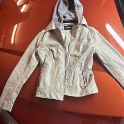 Doma Beige Leather Jacket With Removable Hood