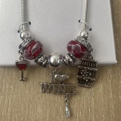 Red and Silver Wine-Themed Charm Bracelet 
