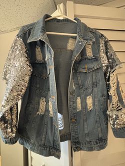 Distressed Denim Jacket with Sequin Sleeves