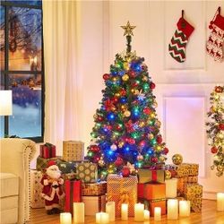 Pre-lit Christmas Tree, Hinged Fir with Foldable Stand Artificial Christmas Tree Holiday Decoration with Multicolored LED Lights of 9 Light Modes