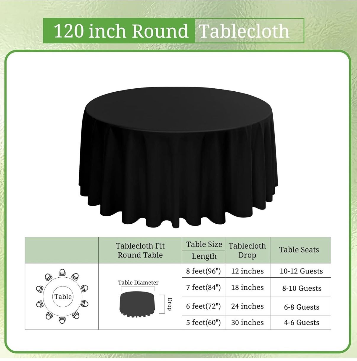 120 Inch Black Polyester Stain And Wrinkle Free Table Cloth