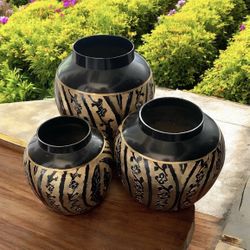 3 Gorgeous Vintage Black & Gold  Hand Engraved Metal Lacquerware Vases From India 