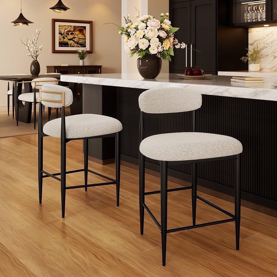 Counter Height Bar Stools Set of 2, Modern Upholstered Counter Stools with Black Metal Legs and Backs, 26" Boucle Island Chairs for Kitchen and Home B