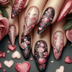 ♥️ 24 Pcs Hearts & Roses Press on Nail Set Almond Medium Length Fake Nails