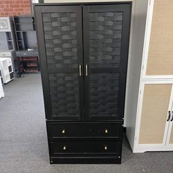 LEVNARY Armoire Wardrobe Closet with 2 Woven Doors, Wardrobe Cabinet with 2 Storage Drawers and Hanging Rail, Freestanding Wooden Closet for Bedroom (