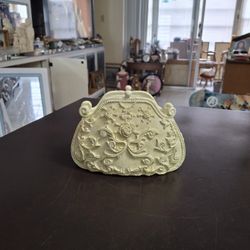 Ornate Decorative Napkin Holder In The Shape Of A Vintage Purse, Office White W/Raised Floral & Swirl Designs 7"W X 5"H X 4"D
