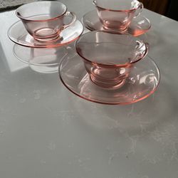 MCM Pink Glass Cup And Saucers