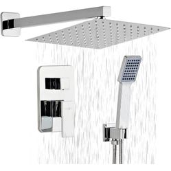 Shower Head - Shower Faucet Set Square Shower Combo System with 12”Rainfall Shower Head Wall Mount Handheld Shower, Stainless Steel with Chrome Finis