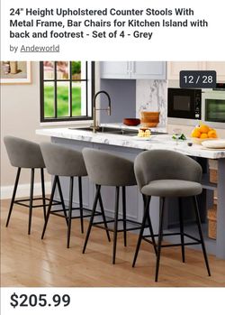 24" Height Upholstered Counter Stools With Metal Frame, Bar Chairs for Kitchen lsland with back and footrest - Set of 4 - Grey