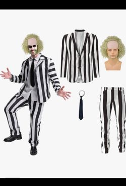 Stripe Suit 4 Pcs Black & White with Wig for Halloween LARGE New Price Firm Corona92879