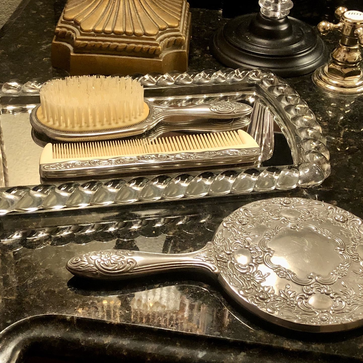 Beautiful Vintage Silver Plated 3 Piece Vanity Set With 1940’s Glass Braided Rope Mirrored Jewelry Tray