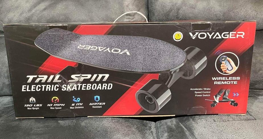 Voyager Tailspin Electric Skateboard
with Remote Control, Speeds up to
9MPH and 5 Mile Range