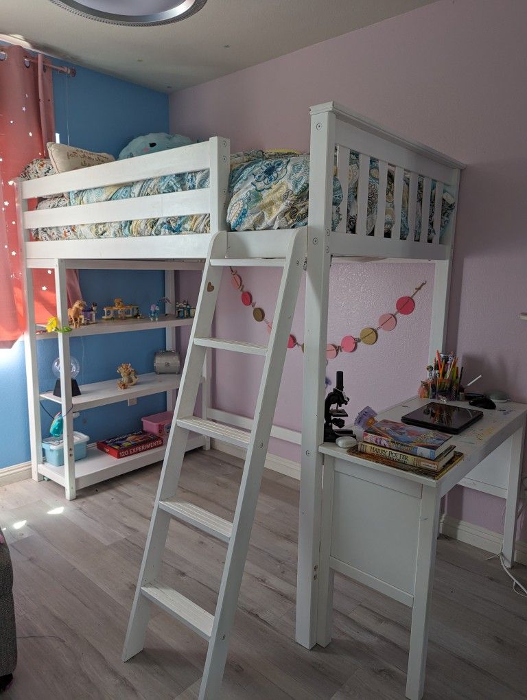 USED Max & Lily High Loft Bed, Twin Bed Frame for Kids With Bookcase and Desk, White
