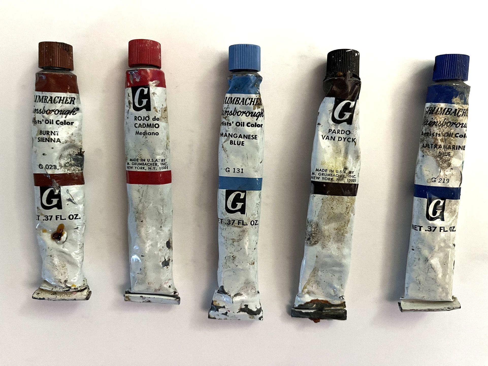 5 Vtg Grumbacher Oil Paints - 11 ml Manganese Blue, Cad Red, 2 Browns
