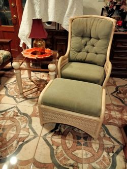 Wicker Chair, Ottoman, Glass Side Table.