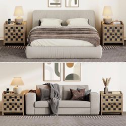 Modern Wood Nightstand with Charging Station and Checkerboard Drawers