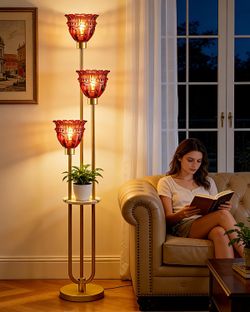 3-Lights Glass Floor Lamp with Shelf,