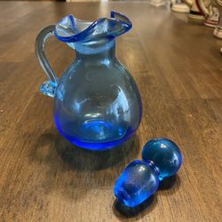 Vintage Blue Glass Oil And Vinaigr Bottle 6 inches Tall