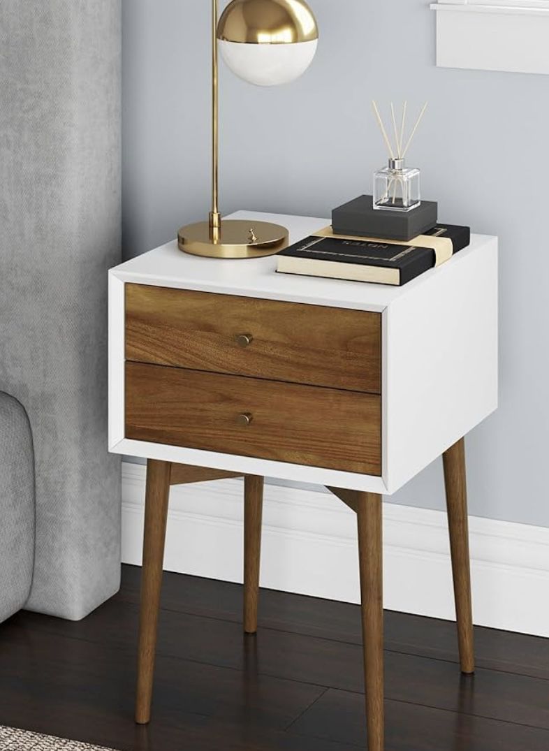 Modern Nightstand Side Accent or End Table with Storage Drawer, 1, White/Brown