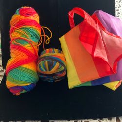 Rainbow Craft Yarn, Ribbon And Bag
