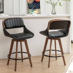 Leather Counter Stools Set of 2-26.4 inch Mid Century Modern Bar Stools with Upholstered Faux Leather, Curved Arms, Cushion Back, Counter Height Stool