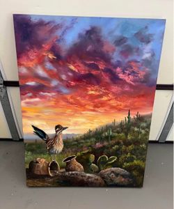 Original Roadrunner Desert Sunset Oil Painting