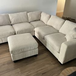 New Corduroy Fabric Sectional.  Off White / Beige.  99” X 99”.  Free Delivery!