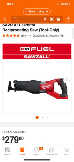 Milwaukee M18 FUEL 18V Lithium-Ion Brushless Cordless Super SAWZALL Orbital Reciprocating Saw (Tool-Only)