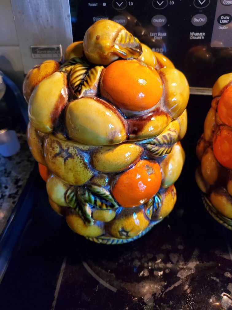Mid century Inarco orange spice fruit basket 8 piece canister set