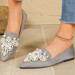Women's Casual And Comfortable Flat Shoes For All Seasons, Pointed Toe Pearl Rhinestone Flat Shoes For Women,