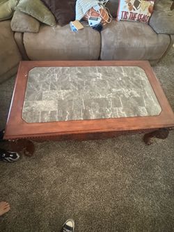 Cherry Wood & Stone Inlay Tables – Matching Set