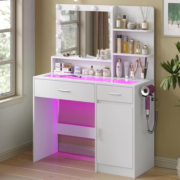 White Vanity Desk with Mirror and Lights, Vanitys with Glass Top & Power Outlet, Dressing Table with 36 Lig