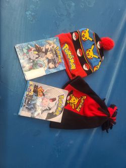 Pokemon book and beanie hat