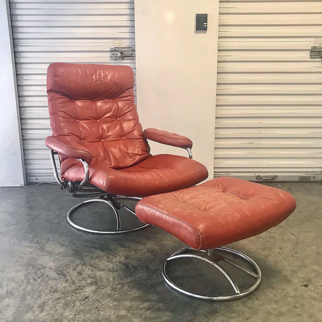 Vintage 70s Orange Leather Ekornes Stressless Recliner Chair and Ottoman