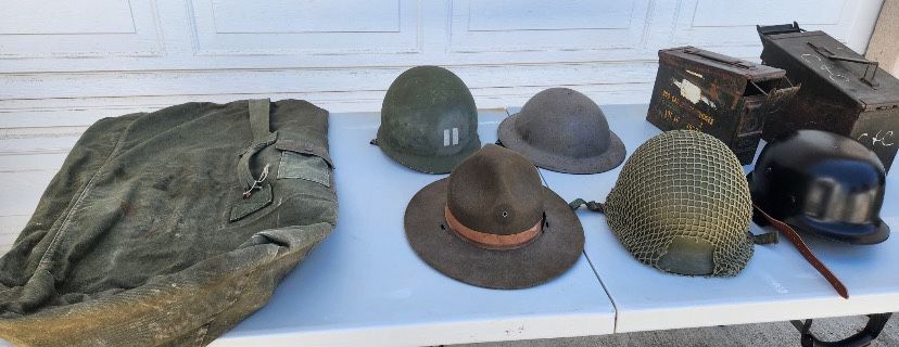 Old Army Helmet And Ammo Can Collection