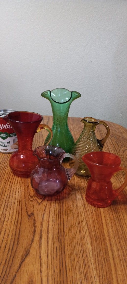 Vintage Lot Of Colored Art Glass And Crackle Glass Pitchers Vase