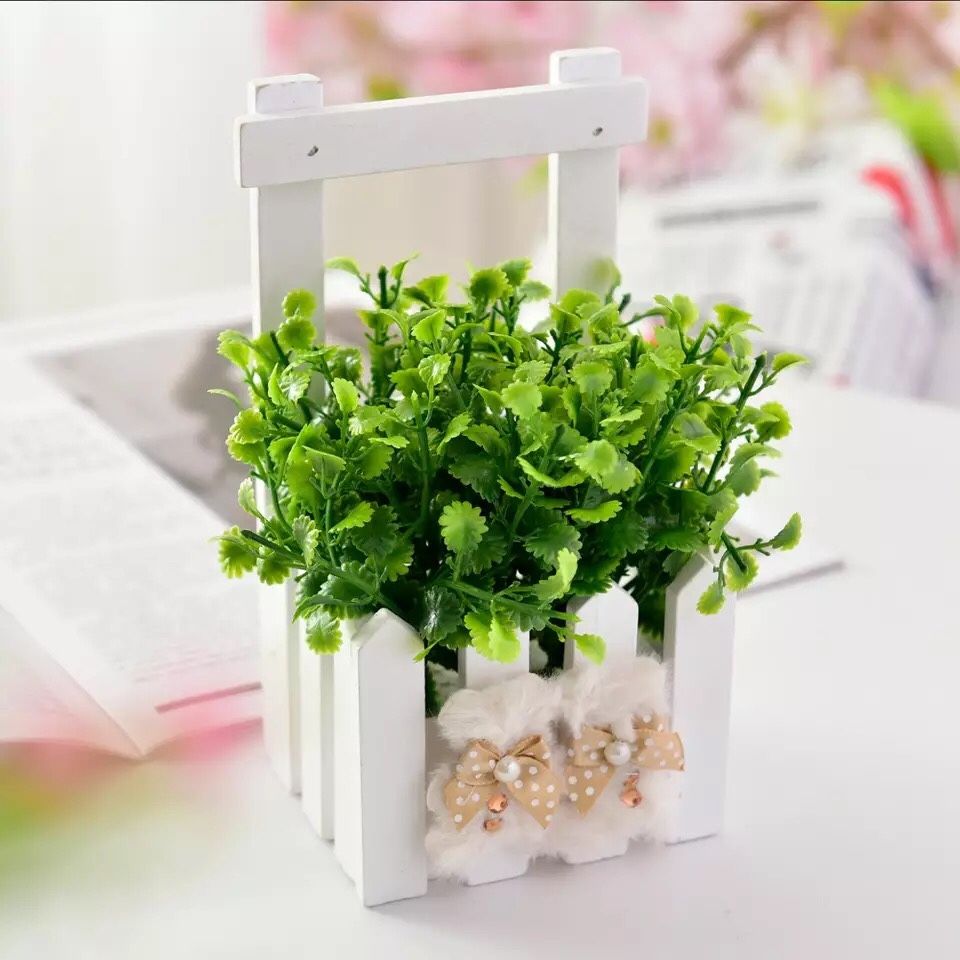 Peppermint Grass + Wooden Fence Mini Potted Plant Plastic Decorative Fake Flowers Bonsai Set for Living Room Garden Decoration