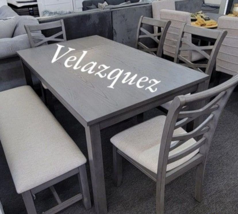 ✅️✅️6 pc grey finish wood dining table set padded seat chairs and bench ✅️✅️