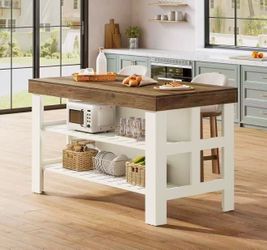 RY0321 new in box Kitchen Island with Seating and Storage Shelves, 55.1-Inch Breakfast Counter Farmhouse Island Table for Kitchen Dining Room