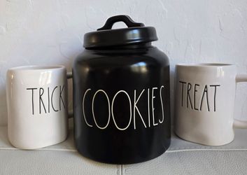 Rae Dunn Ceramic Cookie Jar and Halloween Themed Mugs