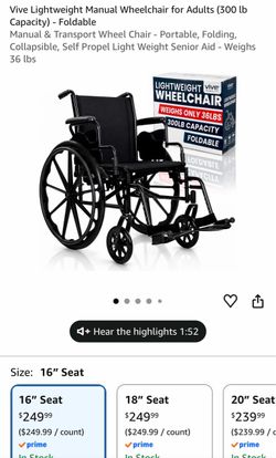 Brand new : Vive Lightweight Manual Wheelchair for Adults (300 lb Capacity) - Foldable
