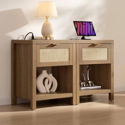 Nightstands Set of 2 with Charging Station Rattan Night Stand with Drawer Boho Bedside Table with USB and Type-C Ports Bed Side Tables for Bedroom Sma