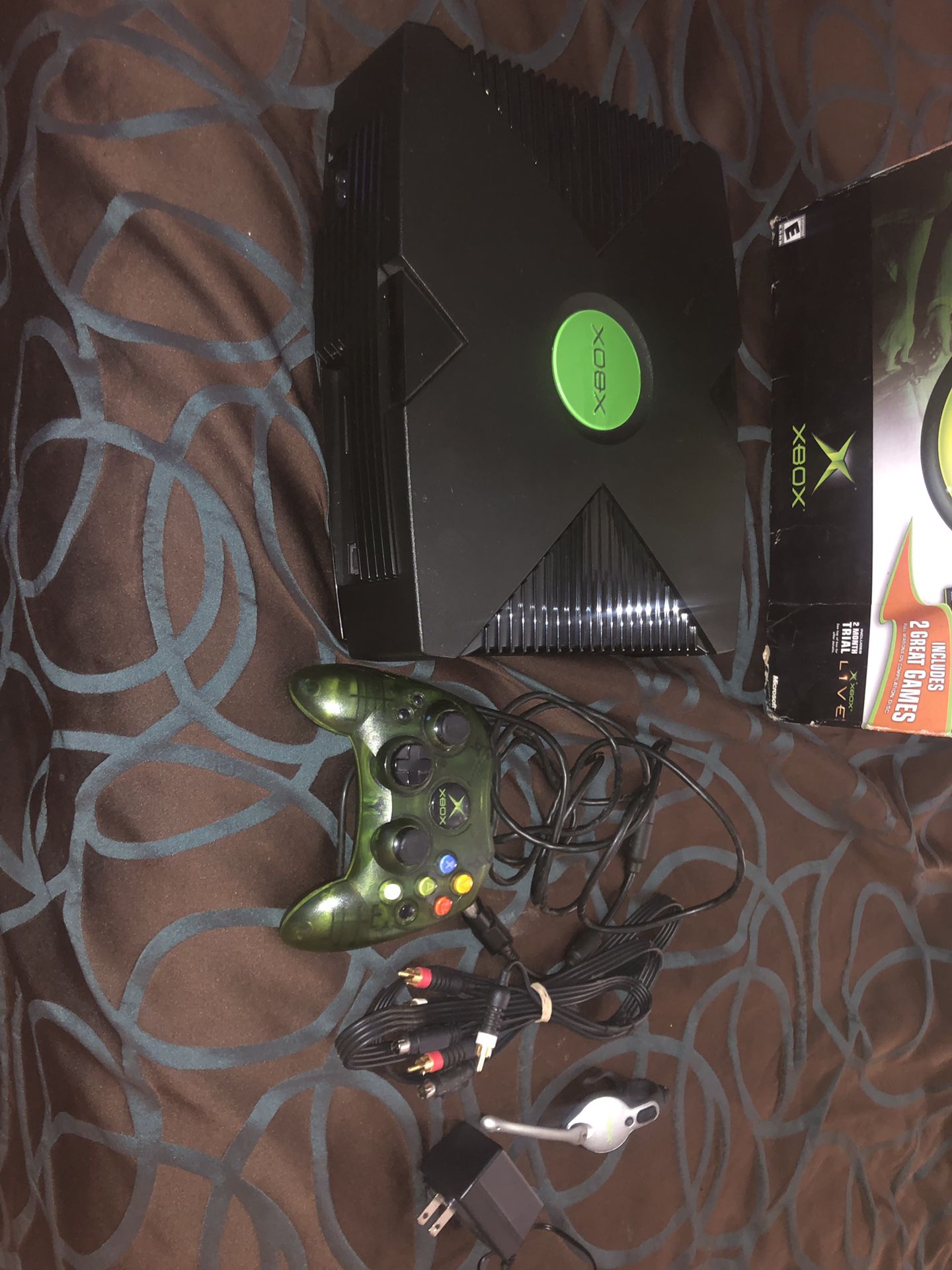 Xbox with box, cables, and controller