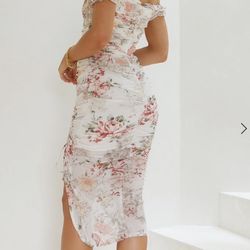 Hello Molly White Floral One-Shoulder Ruched Midi Dress