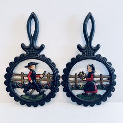 Vintage Dalecraft Cast Iron Trivets Amish Man & Woman Set Of 2 Hand Painted