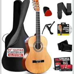 Pyle Beginner Acoustic Guitar Kit, 4/4 Full Size All Wood Build Nylon String Instrument with Capo, Strap, Extra String Set, Gig Bag, Guitars for Begin
