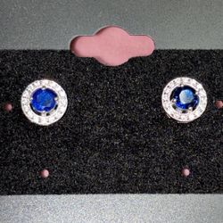 925 Silver Blue Sapphire Cz Halo Earrings 